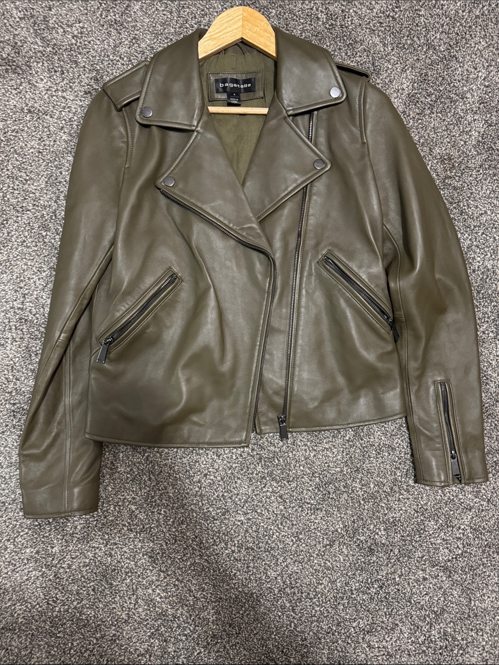 bagatelle Olive Green Leather Moto Jacket